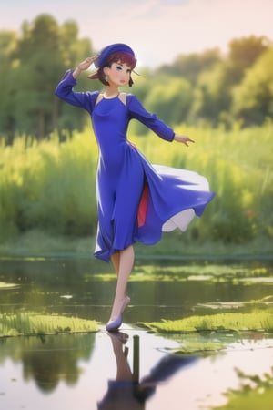 Beautiful Girl, purple dress, dancing in the start in reflection of a lake