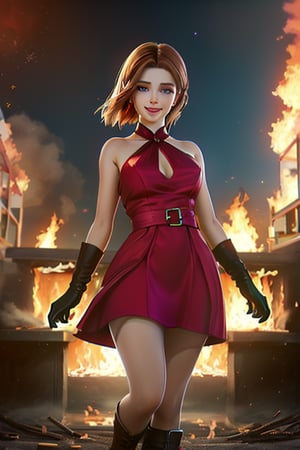 A vibrant scene unfolds: A single girl with luscious brown hair and radiant green eyes, adorned with red hair highlights, beams with a warm smile. She dons a stunning blue dress, showcasing bare shoulders. Her attire is complemented by elbow gloves and sparkling jewelry. Surrounded by three boys, she stands out against a fiery red background, as if set aflame. The overall aesthetic is one of Flat vector art, elevated to 3D dimensionality.