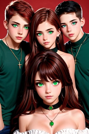 1girl, brown hair, eyes, red_eye, green_eyes, bare shoulders, jewelry, red hair, 3boys, red background