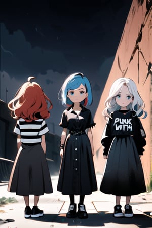 Three teenage girls with distinct styles and hair colors - a girl with red hair wearing a punk-inspired outfit, a girl with blue hair wearing a dark outfit, and a girl with white hair wearing a casual outfit, standing in a dark, moody background,disney pixar style