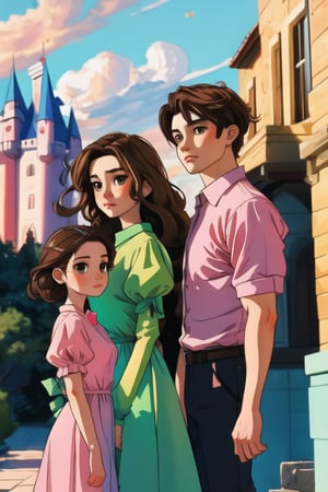 Triplets, teenagers, left green clothes, center dressed in pink, right dressed in blue, their shirts have a star, wavy brown hair, brown eyes, harem dress, in castle, ,Shadman,perfect