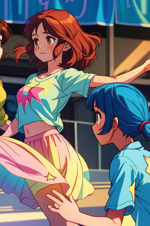 Three girls, teenagers, left green clothes, center dressed in pink, right dressed in blue, their shirts have a star, wavy brown hair, brown eyes, dancing in a ball,Shadman,perfect