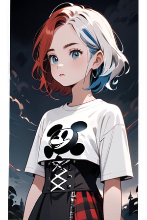 Three teenage girls with distinct styles and hair colors - a girl with red hair wearing a punk-inspired outfit, a girl with blue hair wearing a dark outfit, and a girl with white hair wearing a casual outfit, standing in a dark, moody background,disney pixar style