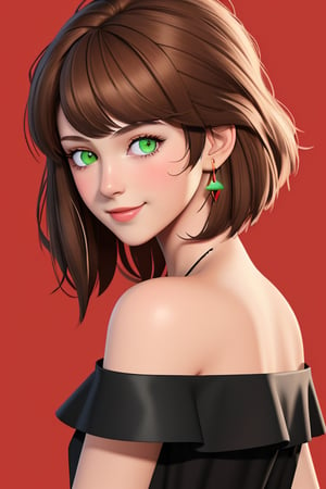 1girl, smile, brown hair, eyes, red_eye, green_eyes, bare shoulders, jewelry, 1boy, red background,Flat vector art,Eve3D,nodf_lora,kiss,wrenchftmfshn