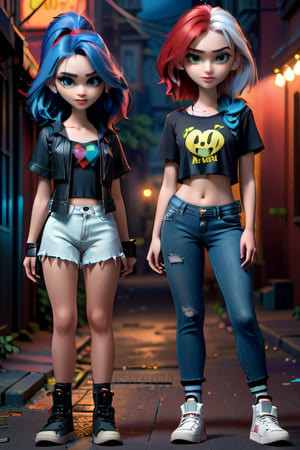 Three teenage girls with distinct styles and hair colors - a girl with red hair wearing a punk-inspired outfit, a girl with blue hair wearing a dark outfit, and a girl with white hair wearing a casual outfit, standing in a dark, moody background,disney pixar style,Cartoon,3D