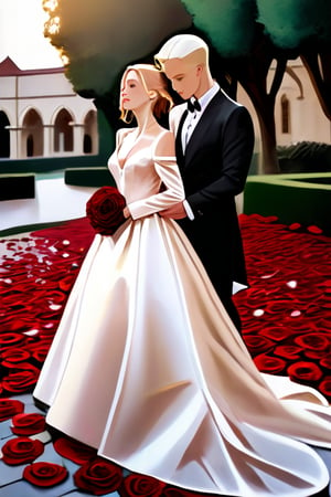 A sensual, candlelit courtyard bathed in warm golden light. Draco Malfoy, dashing in a tailored tuxedo, stands tall as Hermione Granger, radiant in her stunning wedding gown, approaches him. As the air thickens with anticipation, their lips meet in a passionate kiss, surrounded by lush garden roses. The camera pans down to reveal a scattering of rose petals leading to the couple's feet, symbolizing the essence of their love.