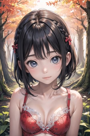 主：(((Deep in the woods))), (((face photo))),
人：1litte 1kid 7yo gril (Child:1.2), 
體：Childish medium breasts,(low-cut),
髮：(((bangs))), (((short hair))), (((Well-defined hair strands:1.4))),
服：(((Patterned Wacoal Ultra Low Cut Lace Translucent Bra))),