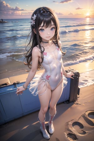 景：(((Seaside beach at sunset))), ((Bright sunshine)),
主：((looks at viewer)),(((full body into the camera))),(standing),
人：best quality, photo realistic, master piece, 1girl, female lowteen, look down, smug, full body,
體：(((little girl’s body:1.4))),(((petite body))),
髮：(bangs), (long hair),
服：((((Super transparent one-piece swimsuit made of white tulle))), (The white one-piece swimsuit has beautiful embroidery patterns on it),(boots),(deep V low neckline),