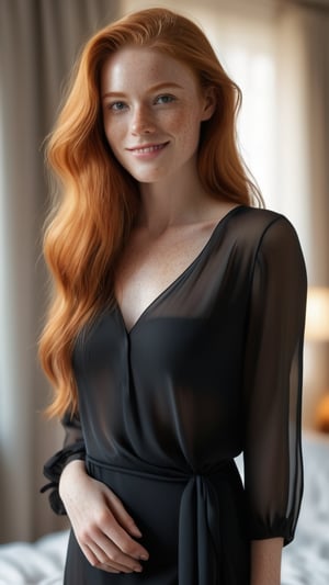 full body photo ((extremely attractive)) woman, very long ginger hair, perfect eyes, (freckles:0.5, light makeup, bold sexy black blouse, transparent long dress clothes, leaning on the end of her bed in her bedroom, gorgeous smile, bright sunlight coming through the windows, sheer curtains diffusing the sunlight . large depth of field, deep depth of field, highly detailed, highly detailed, 8k sharp focus, ultra photorealism