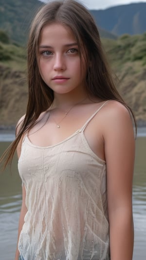  High resolution, 8K, young brunette  ((Paula))  pretty white female ((amber eyes)) mercenary, cuteness overload, girl standing in the Lake in the Waimangu Volcanic Rift Valley, loose hair, in the style of b-movie aesthetics, ((wearing wet sheer clothing)), pokies, hyperrealism, hyper-realistic, photo-realistic techniques, light yellow and dark silver, captivating documentary photos, quito school