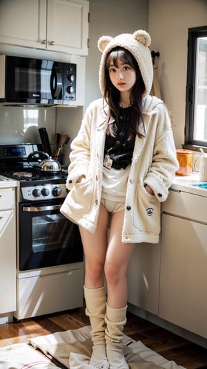 homely feel. In the center stands a girl with a contemplative expression, wearing a cozy, cream-colored, teddy bear-themed onesie complete with a hood that has cute ears. The onesie is detailed with black buttons down the front and pockets, resembling a bear's face. They are wearing comfortable house slippers and white socks,lace panty, standing on a whimsically shaped rug. Their hair is long and falls naturally. The kitchen has a lived-in look, with a cup of tea and a camera on the counter, suggesting a relaxed, creative environment.blank background, completing the scene of everyday domestic life, best quality, ultra highres, original, extremely detailed, perfect lighting,nsfw,cameltoe,hands in pockets holding coat open showing panties