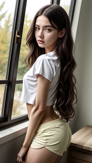 A stunning side-profile portrait of a young woman. The 8K HDR image showcases her beautiful face in exquisite detail. She sits comfortably on the sill of a large window, dressed in a white t-shirt with subtle nipple definition and black dolphin-print mini shorts. Her gaze is focused on the book in front of her, as if lost in thought. Soft studio lighting accentuates the contours of her face, while the 3D-style rendering gives the image an almost surreal quality.