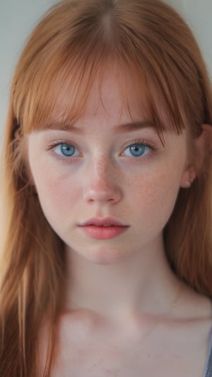 20 year old girl from ireland, standing, realistic, very beautiful face, cute sweet face, soft gentle features, blue eyes, ginger hair, straight long hair, unperfect skin, very little light freckles on her nose, yoga top, exotic Asian bedroom, fujifilm camera filter