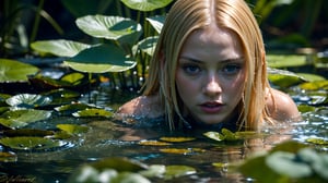 (very detailed close-up photography), cinematic colors, texture, film grain, (a sexy young woman: 1.2), swimming, (blonde: 0.7), blue eyes, face emerging from water, naughty look, naked. embraced by (some aquatic plants: 1.4), in an alien brackish liquid lake, intricate extraterrestrial environment, dark vibes, vibrant and hyper-detailed colors, epic composition, official art, Unity 8k wallpaper, ultra detailed, beautiful and Aesthetics, masterpiece , The best quality.
