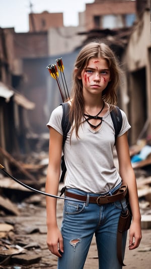 NSFW Moody alleyway shot: 16 yo teenager stands tall amidst a bombed out apocalyptic backdrop, vibrant sad mouth closed smile and sparkling eyes shining like beacons of hope. holding a recurve hunting bow in her hand, backpack, 
 She wears dirty ripped jeans and ripped and torn barely there tee, blood and dirt on clothes,  messy hair blowing gently as she looks directly into the lens with a fiery determination, her defiant gaze piercing through the grime.,STI 1911,弓