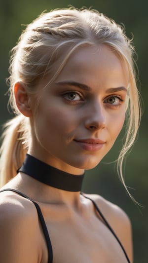 photo r3al, masterpiece, best quality, young woman, topless, slender, blonde, professional photography, 8k, ultra realistic, delicate face, clean face, mysterious, closed mouth, summer, raised head, warm lighting, wearing open sexy top, thin choker, closed mouth, smirking, realistic eyes, double_ponytail, 