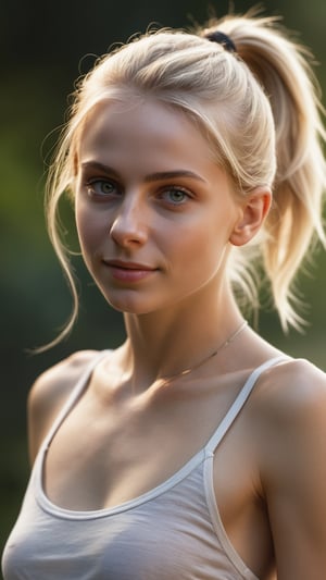 photo r3al, masterpiece, best quality, young woman, topless, slender, blonde, professional photography, 8k, ultra realistic, delicate face, clean face, mysterious, closed mouth, summer, raised head, warm lighting, wearing open sexy top, necklace, closed mouth, smirking, realistic eyes, double_ponytail, 
