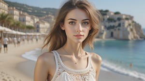 (Ultra realistic), best quality, (a beautiful skinny French girl facing the audience in summer fashionable clothes:1.35), masterpiece, vivid and detailed face, (upper half body art :1.2), (clear and bright big eyes :1.1), dynamic pose, using the best artificial intelligence algorithm to generate pictures, Ultra HD, 32K, ultra realistic, dramatic, High detail, more detail, mediterranean beach background,