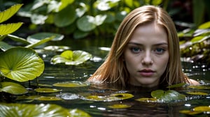 (very detailed close-up photography), cinematic colors, texture, film grain, (a sexy young woman: 1.2), swimming, (blonde: 0.7), blue eyes, naughty look, naked. embraced by (some aquatic plants: 1.4), in an alien brackish liquid lake, intricate extraterrestrial environment, dark vibes, vibrant and hyper-detailed colors, epic composition, official art, Unity 8k wallpaper, ultra detailed, beautiful and Aesthetics, masterpiece , The best quality.