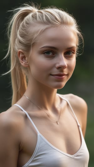 photo r3al, masterpiece, best quality, young woman, NSFW, topless, slender, blonde, professional photography, 8k, ultra realistic, delicate face, clean face, mysterious, closed mouth, summer, raised head, warm lighting, wearing open sexy top, necklace, closed mouth, smirking, realistic eyes, double_ponytail, 
