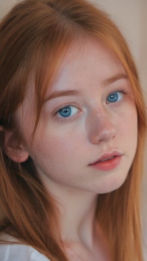 20 year old girl from ireland, standing, realistic, very beautiful face, cute sweet face, soft gentle features, blue eyes, ginger hair, straight long hair, unperfect skin, very little light freckles on her nose, yoga top, exotic Asian bedroom, fujifilm camera filter