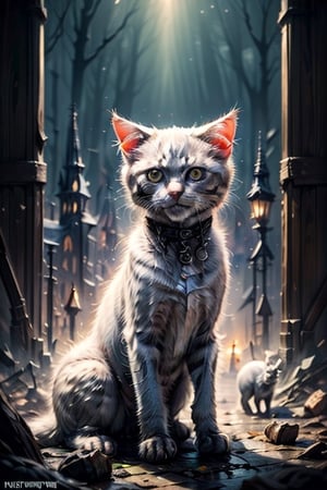 Kitten looking straight at the camera in the middle of a magical and fantastic scene, breeding various cat breeds,EpicArt,horror