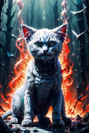 Kitten looking straight at the camera in the middle of a magical and fantastic scene, breeding various cat breeds,horror,shepinhead