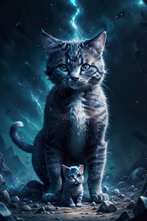 Kitten looking straight at the camera in the middle of a magical and fantastic scene, breeding various cat breeds,fantasy00d