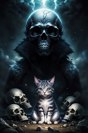 Kitten looking straight at the camera in the middle of a magical and fantastic scene, breeding various cat breeds,skull