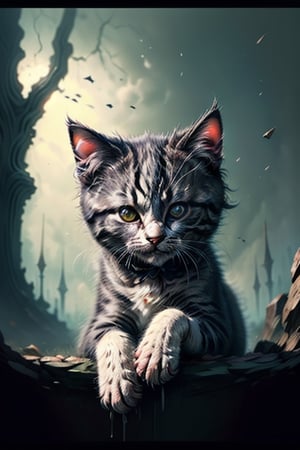 Kitten looking straight at the camera in the middle of a magical and fantastic scene, breeding various cat breeds,EpicArt,horror