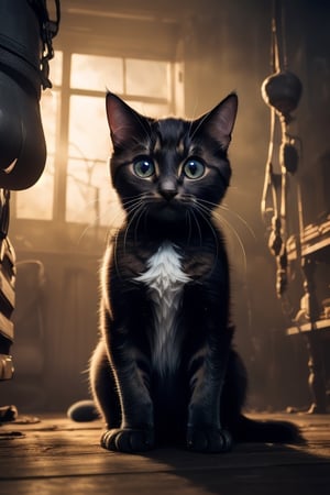 Kitten looking straight at the camera in the middle of a magical and fantastic scene, breeding various cat breeds