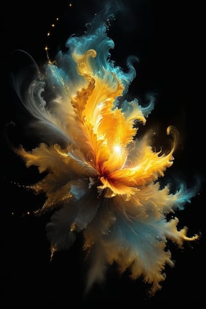 black background, blank background, magic fog, golden smoke, alcohol ink, stunning digital art object, with a splash of magic in vibrant colors and surreal fantasy edge lighting, floral patterns, gold and black spirit, digital art, vibrant, beautiful, splashes, sparkling, cute and adorable, stardust, salute filigree, side lighting, lighting, extreme, magic, surreal, fantasy, digital art, artistic masterpiece, sinister, matte painting, movie poster, golden ratio, intricate, epic,