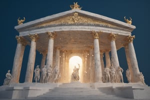 Greek Gods And Goddesses Of Mount Olympus| Hyper-realistic mage in classical Greek art style depicting a majestic gathering of the twelve Olympian gods inside a temple on the summit of Mount Olympus. Zeus com longa barba branca sentado em um trono ornamentado dourado no centro, empunhando seu raio. Ao seu lado direito, Hera sentada elegantemente com uma coroa e cetro, suas vestes em um tom dourado brilhante e detalhado. To the left of Zeus, Poseidon segurando seu poderoso tridente. Ao redor deles, the other Olympian gods, including Athena, wearing silver armor and helmet and holding a spear;. All with noble and stern appearance. The temple has huge white marble columns and a decorated vaulted ceiling. Golden lights and flash effects around Zeus. Statues and other Greek architectural elements detailed in the background. |sky ,cloud,blue| red and dark blue|dark  blue background| anime style| key visual| intricate detail| highly detailed| breathtaking| vibrant| panoramic| cinematic| Carne Griffiths| Conrad Roset| ghibli,digital artwork by Beksinski,DOUBLE EXPOSURE,DonMM1y4XL,art_booster