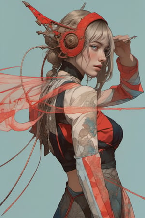  A beautiful animated female character with blonde hair, blue eyes, and a red dress, standing against a grey cloudy background.| detailed face| anime style| key visual| intricate detail| highly detailed| breathtaking| vibrant| panoramic| cinematic| Carne Griffiths| Conrad Roset| ghibli,DOUBLE EXPOSURE,digital artwork by Beksinski