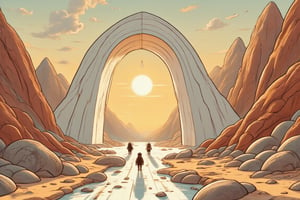 Photorealistic, trending on ArtStation:, A monolithic white archway, smooth as polished bone and curving skyward like a petrified wave, dominates a vista of jagged, rust-colored mountains. The structure is bathed in the golden light of a setting sun, casting long shadows that stretch across a path of shimmering sand and water. Three tiny figures, silhouetted against the archway's blinding whiteness, ascend the path, their destination shrouded in mystery