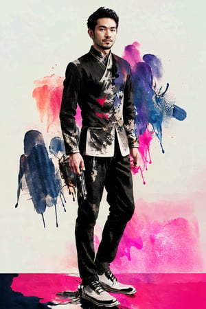 8k, (absurdres, highres, ultra detailed), (1 man:1.3), EpicArt,Chinese ink paint, ((colorful water inkSpot)) ,black and white,Chinese style, burgundy-blue theme, full body,chinese_clothes,ink splash