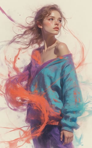 A stunning illustration of a young alluringly beauty woman standing gracefully, wearing an oversized sweater with one shoulder exposed, rendered in the bold, textured brushstrokes of Leonid Afremov combined with the fluidity of ink washing. The sweater is painted vibrant colors, cyan, purples, coral and oranges, sweeping fabric is caught in the wind, swirling around her in expressive, high contrast, thick strokes of paint. The flowing material dances through the air, creating a sense of dynamic motion and energy. The vibrant ink brings a subtle, ethereal quality to the swirling fabric, blending into soft, flowing gradients.The background is minimal, allowing the vibrant sweater and soft ink washes to stand out, as the combination of the great artist Afremov’s energetic style.