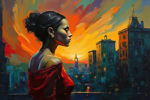 "In an abstract impressionist style, this portrait captures the dynamic, bold impasto brushstrokes with a rich Baroque-inspired color palette. Deep Carmines (for the reds), Ochre Yellows (for warmth), and Prussian Blues (for depth and shadow) dominate the scene, while Olive Greens (for earthy tones) blend with the cityscape setting. The painting is accented with dark Umber for contrast and highlights of bright, luminous Gold. The thick, textured strokes create a dramatic, tactile surface, with intense carmine and gold tones highlighting the figure’s facial features and dress. The background features a cityscape at sunset, where the buildings are rendered in deep, shadowy blues and greens, creating strong contrasts with the lighter, glowing areas illuminated by the setting sun. The overall composition evokes the opulence and drama of the Baroque style, infusing the urban setting with bold contrasts and rich textures. The impasto technique and layered colors add depth and movement, inviting viewers to explore the tension between the tranquil portrait and the intense, expressive color contrasts of the sunset and city backdrop."