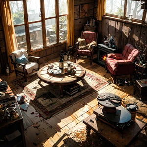 Indoor perspective, log cabin, burning fireplace, wooden coffee table, a bottle of opened wine and glasses on the coffee table, a wooden chair, a vinyl record player on the floor, glass windows, post-apocalyptic scenery outside the window.