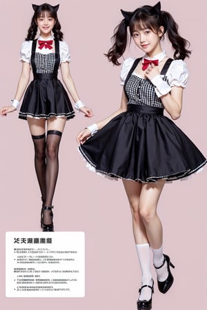 a fashion design sheet and character design sheet for a girl dressed in a maid outfit. The outfit should be black and white with cat ears, a cat tail, an apron, and lots of lace. The design should be extravagant and exaggerated, with a wide and glamorous skirt,manga