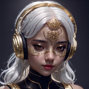 (masterpiece, best quality, ultra-detailed:1.2), 1girl, white hair, perfect curves, with headphones and a mask on her face is wearing headphones and a gold headband