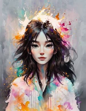 samdoesarts style a woman by agnes cecile, luminous design, pastel colours, ink drips, autumn lights  
