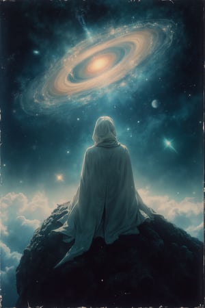 cinematic reality, film, chiarosaurio, depth of field, shadows, relfection, mysterious cosmic creature wearing a white hood with a glowing celestial aura perched atop a distant planet surrounded by a swirling galaxy, sharp focus, detailed features, 