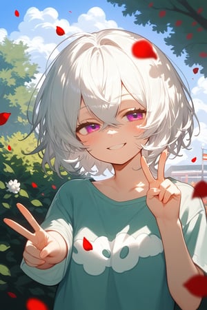 score_9_up,score_8_up, source_anime, 1girl,white hair,short hair,crossed bangs,shirt,,narrowed eyes,smile,blush,v,outdoors, rainbow, petals, 