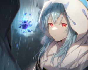 masterpiece, best quality, very aesthetic, absurdres, 1girl, ciel, tensei_shitara_slime_datta_ken, small breasts, sky blue hair, long hair, hair between eyes, robe, hooded robe, hood up, white robe, red eyes, slit pupils, blue eyelashes, emotionless, expressionless, thighighs, black thighighs, dark background,  simple background, rain, upper body, chromatic aberration, blurry foreground