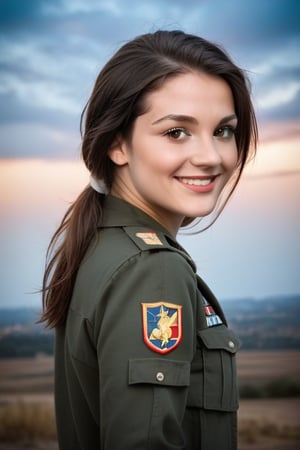 A stunning young military woman with long black hair and bright smile (((gazes off-camera to her left:1.4))), her features illuminated by soft, warm light. (((viewpoint from behind))),  Her slender figure is clad in simple military uniform that drapes elegantly across her toned physique. Framed against a serene, cloudy blue sky, the subject's profile is set against a subtle gradient of gentle hills, conveying a sense of tranquility. (((photorealism:1.4))), (((highly detailed brown eyes:1.4))), 