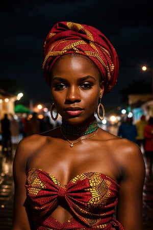 A Liberian woman, wrapped in vibrant African clothing, stands confidently in the center of a village street at midnight. The rain pours down, casting a mystical atmosphere over the scene. Her full figure is shrouded in darkness, except for her striking red eyes that seem to pierce through the night. A black choker adorns her neck, and a head scarf wraps around her forehead. As she gazes directly at the viewer, her detailed features and perfect complexion radiate an air of sensuality. The photograph exudes a sense of intimacy and mystery, with Photorealism level 1.4.,Perfect eyes,(((Photorealism:1.4))),Sexy