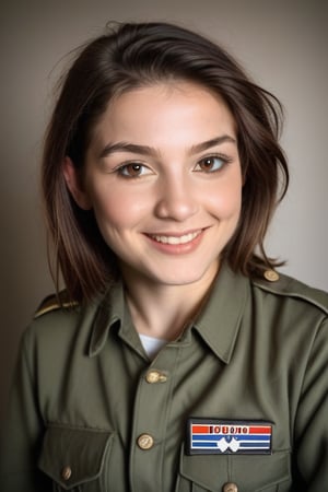 A stunning young military woman with long black hair and bright smile (((gazes off-camera to her left:1.4))), her features illuminated by soft, warm light. (((viewpoint from behind))),  Her slender figure is clad in simple military uniform that drapes elegantly across her toned physique. Framed against a serene, cloudy blue sky, the subject's profile is set against a subtle gradient of gentle hills, conveying a sense of tranquility. (((photorealism:1.4))), (((highly detailed brown eyes:1.4))), 