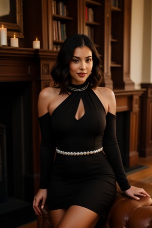 A refined 25 year old woman, black 90s bob hairstyle, sits poised in a warm glow, her raven hair styled elegantly against the soft light of (((one))) crackling fireplace. A short black dress hugs her curves, complemented by lustrous pearls at her neck. Behind her, walls lined with worn leather tomes and ornate antique furniture evoke a sense of nostalgia, as she sits amidst the comforting familiarity of a well-worn library. sher legs are crossed, showing her gorgeous thigh. Her dress is tight, showcasing her flat belly