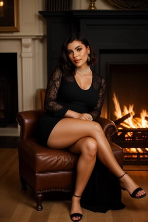 A refined 25 year old woman, black 90s bob hairstyle, sits poised in a warm glow, her raven hair styled elegantly against the soft light of (((one))) crackling fireplace. A short black dress hugs her curves, complemented by lustrous pearls at her neck. Behind her, walls lined with worn leather tomes and ornate antique furniture evoke a sense of nostalgia, as she sits amidst the comforting familiarity of a well-worn library. sher legs are crossed, showing her gorgeous thigh. Her dress is tight, showcasing her flat belly. photorealistic:1.4